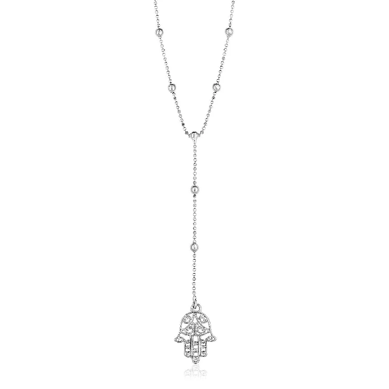 Simple sterling silver necklaces with small, understated pendants for minimalist charm -Size: 17'' - Sterling Silver Lariat Necklace with Hand of Hamsa Symbol