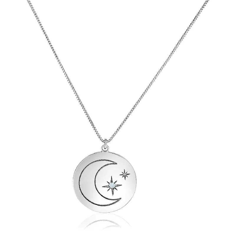 Custom name pendants on necklaces for personalized and meaningful jewelry pieces -Size: 18'' - Sterling Silver 18 inch Necklace with Engraved Moon and Stars and Diamonds