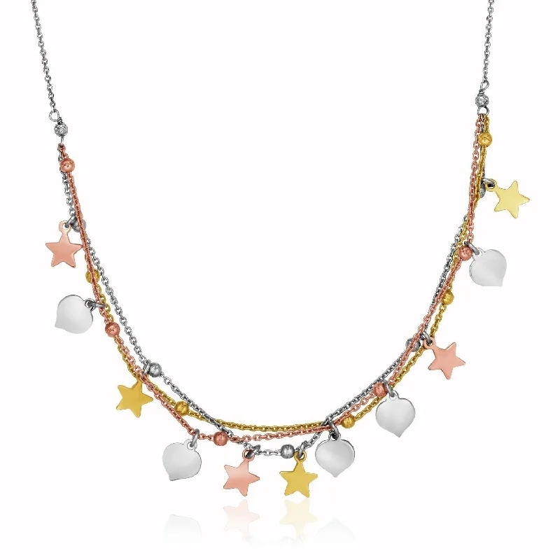 Colorful glass pendants on necklaces for a vibrant, playful accessory with personality -Size: 18'' - Sterling Silver 18 inch Three Toned Necklace with Polished Hearts and Stars