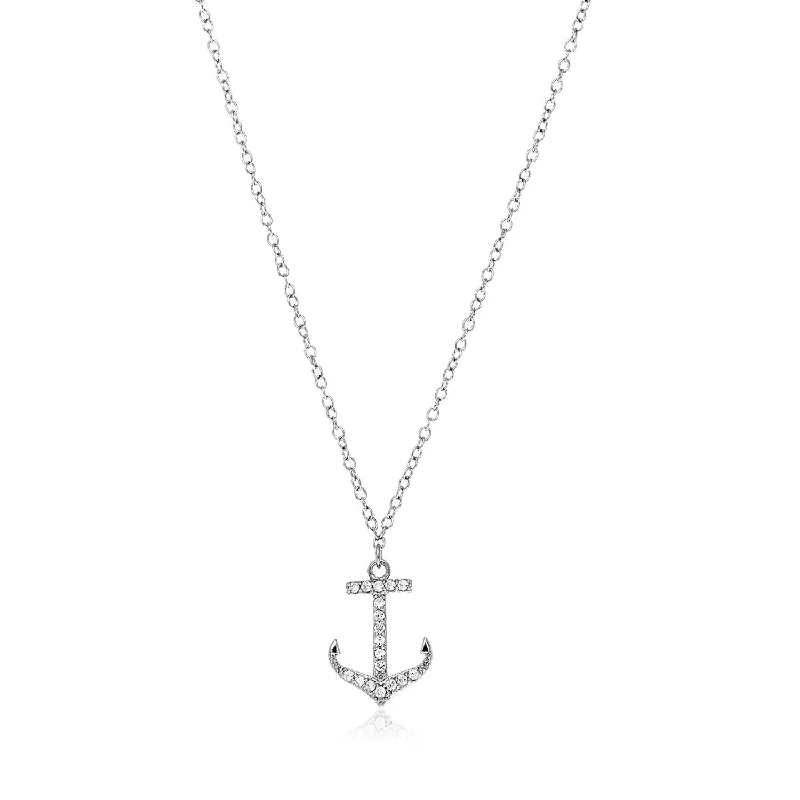 Personalized photo pendants on necklaces to wear loved ones close to your heart -Size: 18'' - Sterling Silver Anchor Necklace with Cubic Zirconias