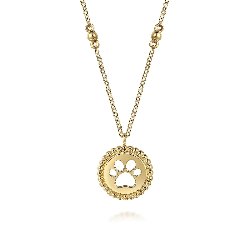 Long pendant necklaces for a stylish accessory with a dramatic flair -14K Yellow Plain Gold Bujukan Dog Paw Medallion Necklace