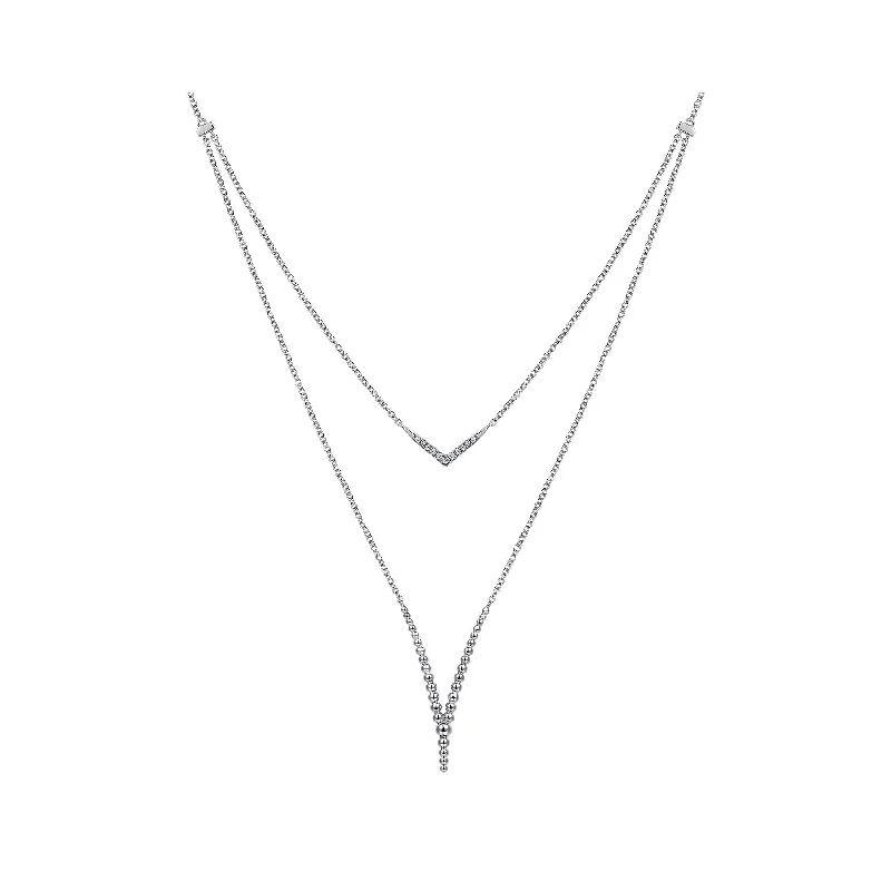 Layered pendants on necklaces for women who love stacked, statement jewelry styles -20" 925 Sterling Silver White Sapphire and Beaded Chevon Necklace