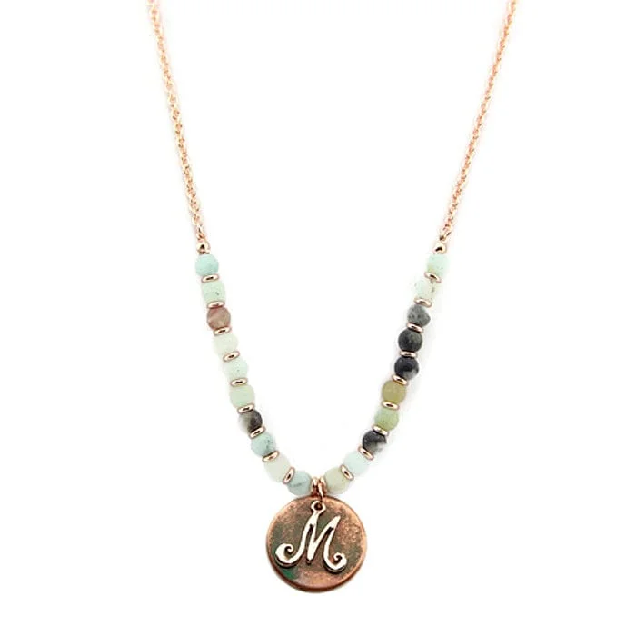 Layered pendant necklaces with multiple charms for a fashionable, trendy accessory -AN1318-MAMT2   27" Rose Gold Tone & Patina 'M' Semi Precious Bead Necklace