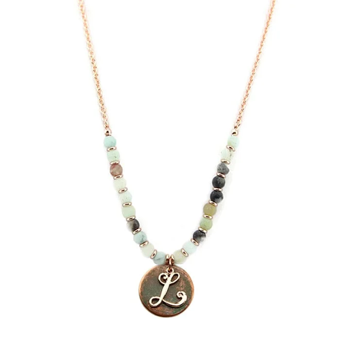 Classic infinity pendant necklaces for symbols of eternal love and connection -AN1318-LAMT2   27" Rose Gold Tone & Patina 'L' Semi Precious Bead Necklace