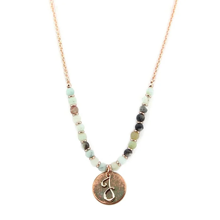 Long pendant necklaces with intricate charm details for a bohemian-inspired accessory -AN1318-JAMT2   27" Rose Gold Tone & Patina 'J' Semi Precious Bead Necklace