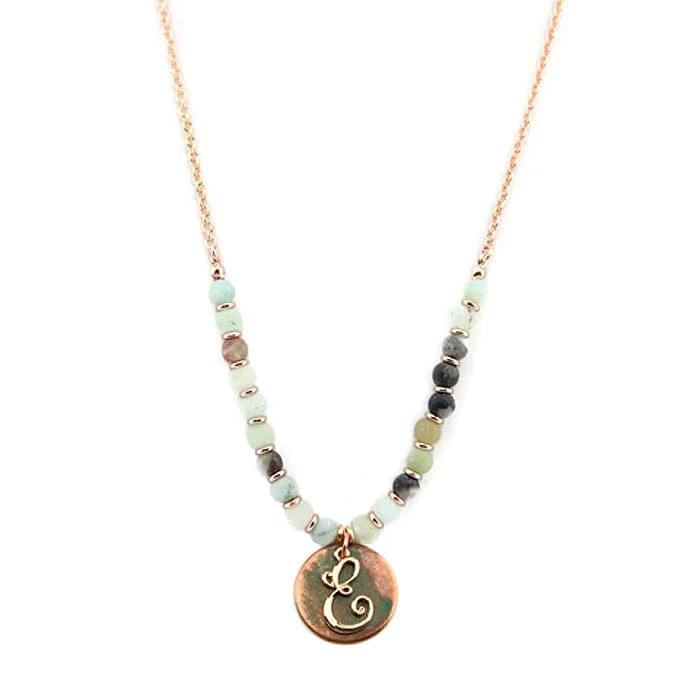 Custom engraved pendants with special dates for meaningful and sentimental gifts -AN1318-EAMT2   27" Rose Gold Tone & Patina 'E' Semi Precious Bead Necklace