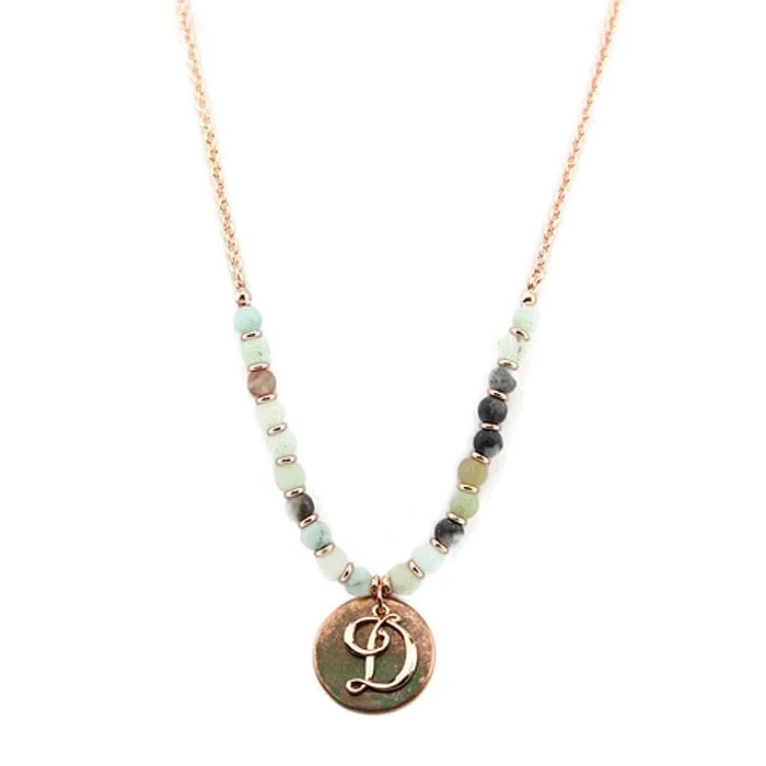 Custom made pendants on necklaces for women who appreciate one-of-a-kind jewelry -AN1318-DAMT2   27" Rose Gold Tone & Patina 'D' Semi Precious Bead Necklace