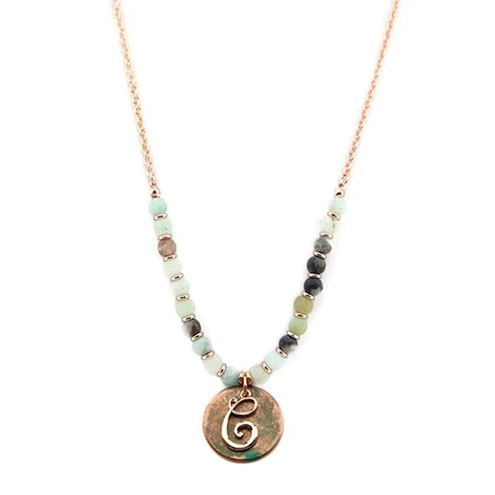 Crystal heart pendants on necklaces for a romantic and sentimental gift idea -AN1318-CAMT2   27" Rose Gold Tone & Patina 'C' Semi Precious Bead Necklace