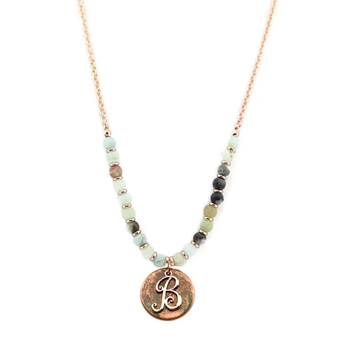 Beautiful gemstone pendants on necklaces for a pop of color and elegance -AN1318-BAMT2   27" Rose Gold Tone & Patina 'B' Semi Precious Bead Necklace