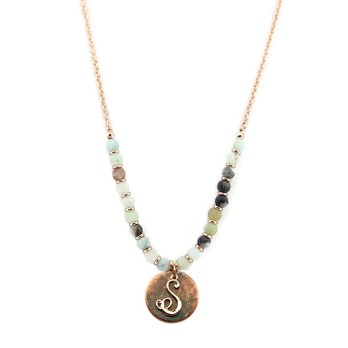 Custom zodiac pendants on necklaces for astrology enthusiasts and personalized accessories -AN1318-SAMT2   27" Rose Gold Tone & Patina 'S' Semi Precious Bead Necklace