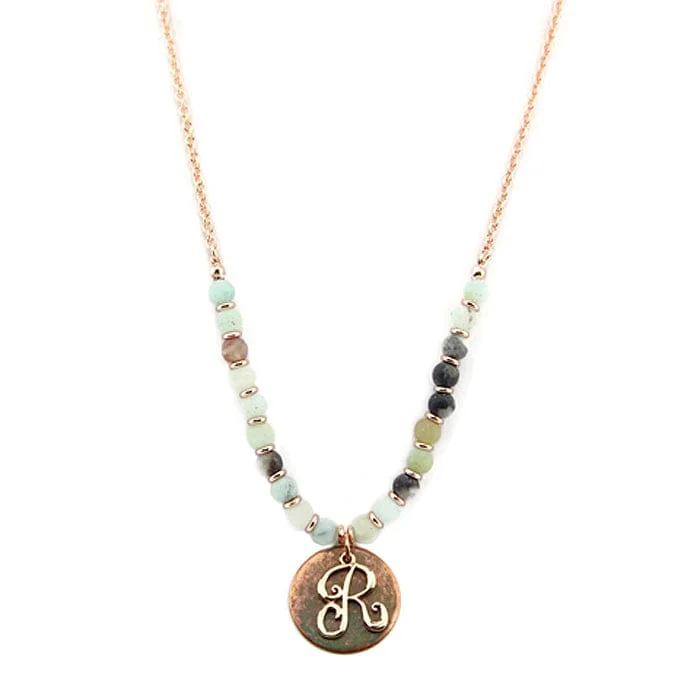 Classic silver pendant necklaces with clean designs for everyday, versatile wear -AN1318-RAMT2   27" Rose Gold Tone & Patina 'R' Semi Precious Bead Necklace