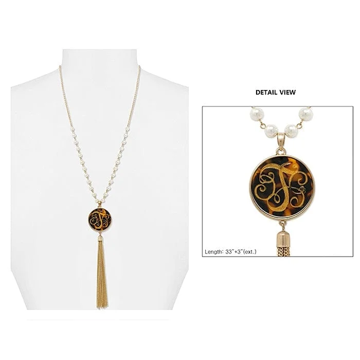 Fashion-forward statement necklaces with bold, oversized pendants for dramatic flair -AN1866-TWG Pearl & Gold  Necklace Tortoise Initial "T" Pendent and Tassel