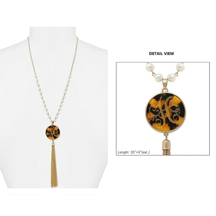 Gold-tone pendant necklaces with intricate details for a high-fashion, elegant look -AN1866-HWG Pearl & Gold Necklace Tortoise Initial "H" Pendent and Tassel