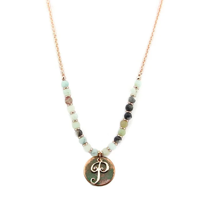 Boho-style necklaces with pendant charms for a carefree and earthy look -AN1318-PAMT2   27" Rose Gold Tone & Patina 'P' Semi Precious Bead Necklace