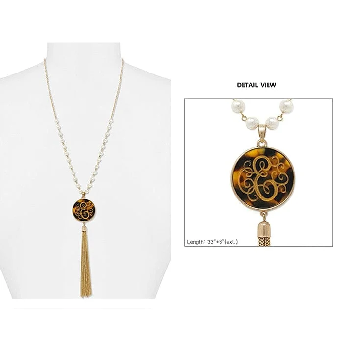 Natural stone pendant necklaces for earthy and boho chic fashion enthusiasts -AN1866-EWG Pearl & Gold Necklace Tortoise Initial "E" Pendent and Tassel