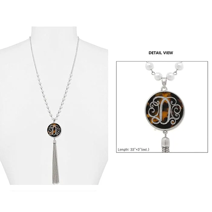 Birthstone necklaces with pendants to celebrate birthdays and unique personal connections -AN1866-DWS Pearl & Silver Necklace Tortoise Initial "D" Pendent and Tassel