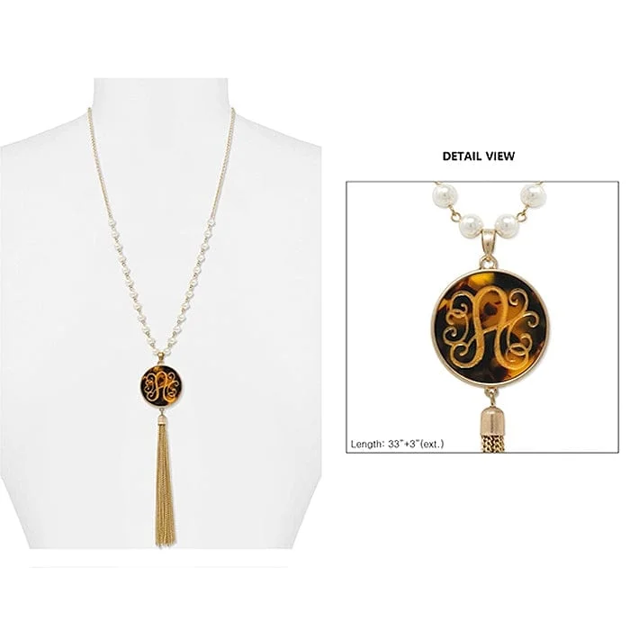 Large statement pendants on necklaces for women who love bold, standout jewelry -AN1866-AWG Pearl & Gold Necklace Tortoise Initial "A" Pendent and Tassel