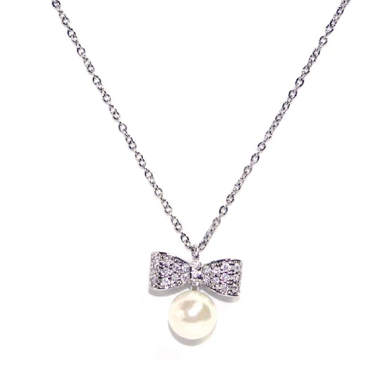 Custom engraved bar pendants for necklaces to personalize your jewelry collection -PN1005 Vanessa Bow Pearl Necklace