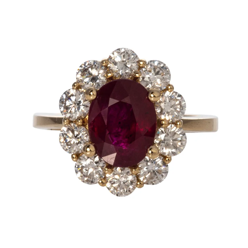 Sleek gemstone rings with floating stone band settings -1.98ct Oval Ruby & 1.5ctw Diamond Cluster 14K Yellow Gold Ring