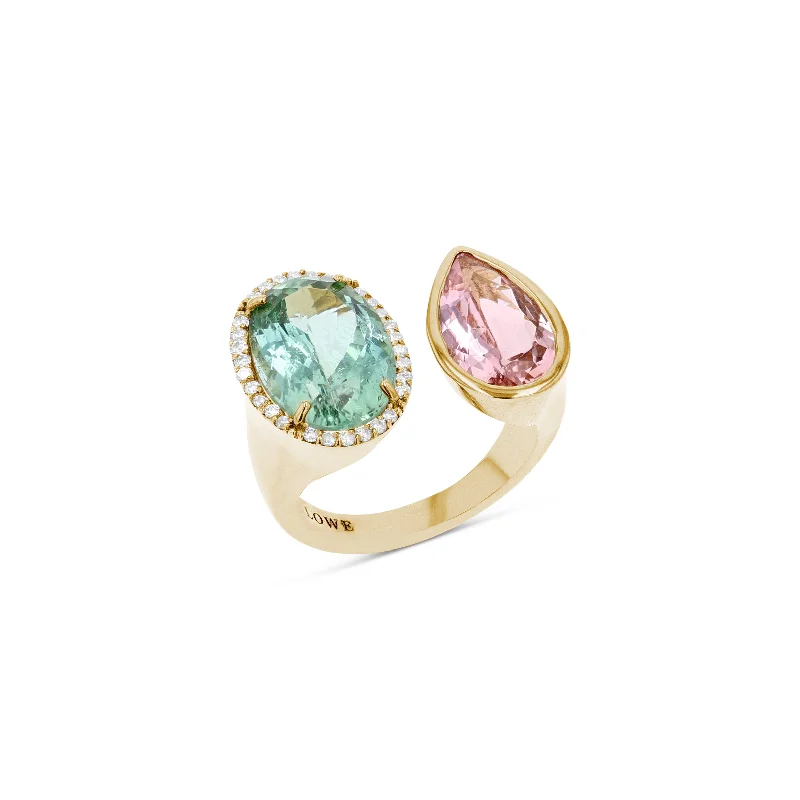 Geometric gemstone rings with sharp stone patterns -14k Diamond Halo Two Stone Ring - Green & Pink Tourmaline "One of a Kind"