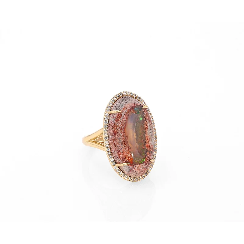 Silver gemstone rings offering budget stone sparkle -14k Mexican Fire Opal Oval Ring with Diamond Halo "One of a Kind"