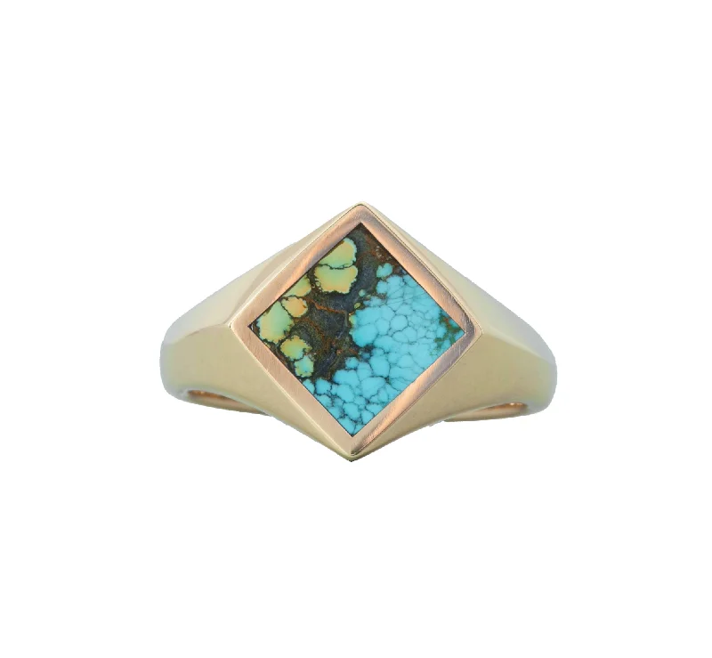 Quartz gemstone rings with clear stone finger elegance -14k Yellow Gold Turquoise Signet Ring