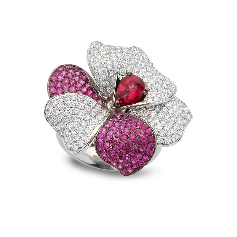 Bold gemstone rings with striking stone cut shapes -18KT WHITE GOLD DIAMOND AND SAPPHIRE FLOWER RING