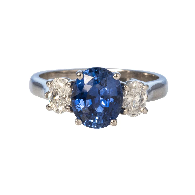 Bold gemstone rings with striking stone cut shapes -2.20ctw Oval Sapphire & Diamond Three-Stone Platinum Ring