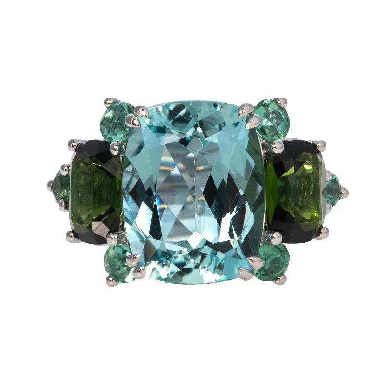 Gemstone rings inspired by ocean with blue gems -6.5ctw Aquamarine & 3ctw Green Tourmaline 14K White Gold Ring