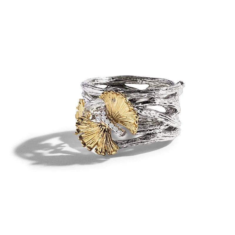 Simple gemstone rings ideal for everyday finger charm -Butterfly Ginkgo Cuff Ring with Diamonds