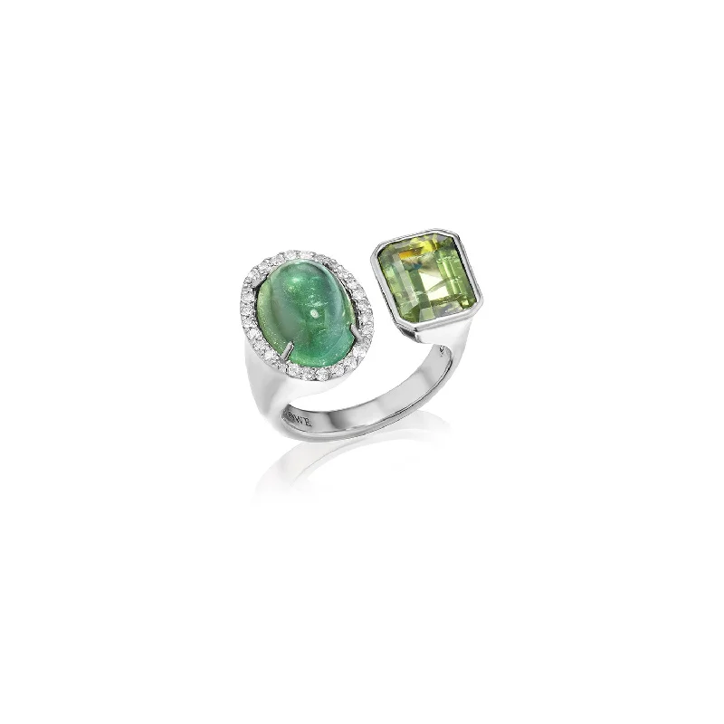 Etched gemstone rings with stone detail finger flair -Diamond Halo Two Stone Ring - Green & Light Green Tourmaline