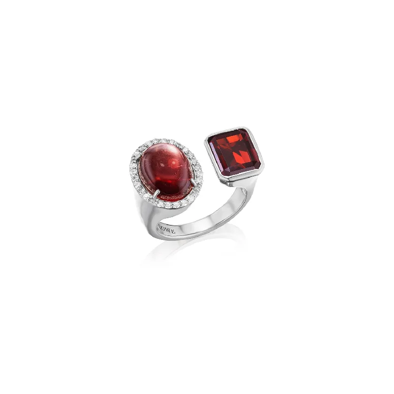 Gemstone rings featuring rose-cut stones for soft shine -Diamond Halo Two Stone Silver Ring - Garnet & Red Tourmaline