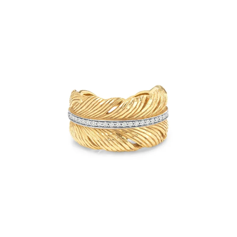 Sleek gemstone rings with floating stone band settings -Feather Cuff Ring with Diamonds