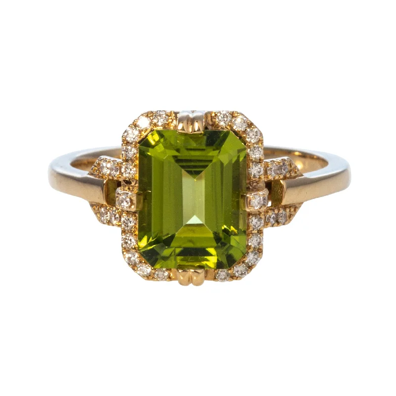 Gemstone rings featuring malachite for green stone swirls -Goshwara Emerald-Cut Peridot & Diamond 18K Gold Ring