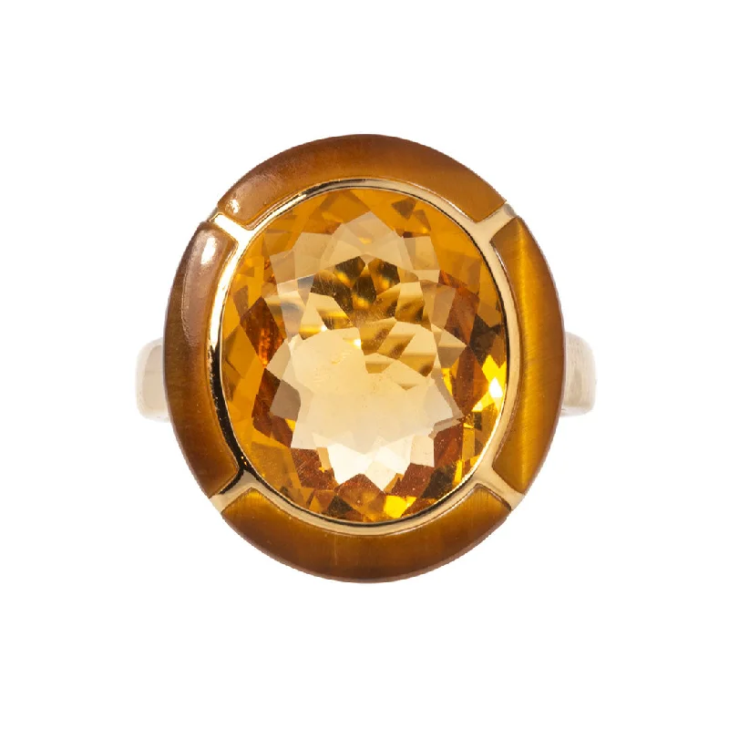 Rose gold gemstone rings for warm finger glow -Goshwara Oval Citrine & Tiger's Eye Inlay 18K Gold Ring