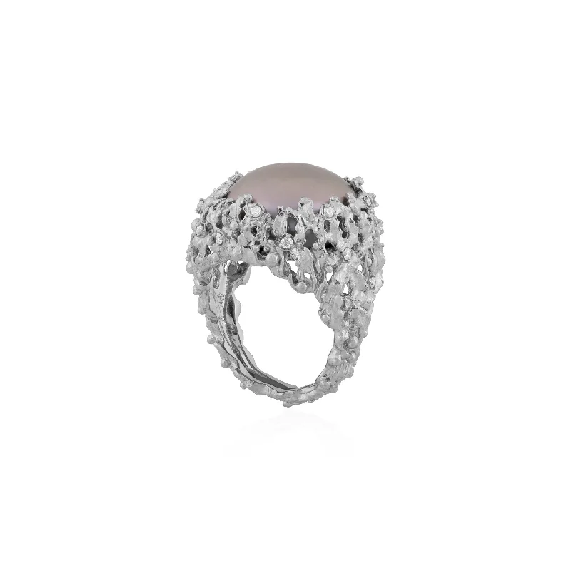 Geometric gemstone rings with sharp stone patterns -Ocean Ring with Pearl and Diamonds - Silver