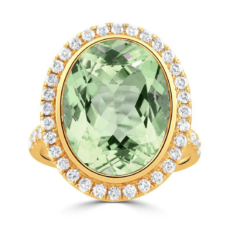 Gemstone rings crafted with sustainable stone sourcing -Oval Green Amethyst & Pavé Diamond Halo 18K Yellow Gold Ring