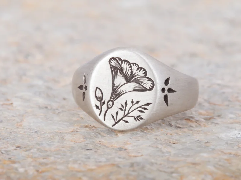 Quirky gemstone rings with offbeat stone designs -Silver Poppy Signet Ring