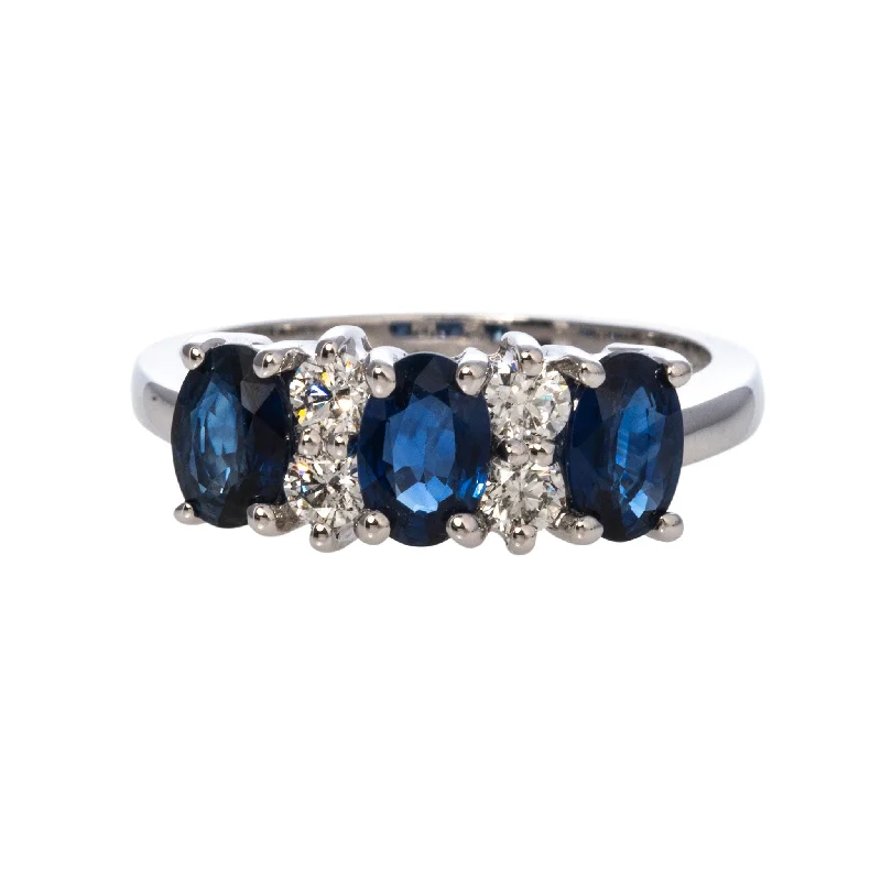 Birthstone gemstone rings with personal stone selections -Three-Stone Oval Sapphire & Diamond 14K White Gold Ring