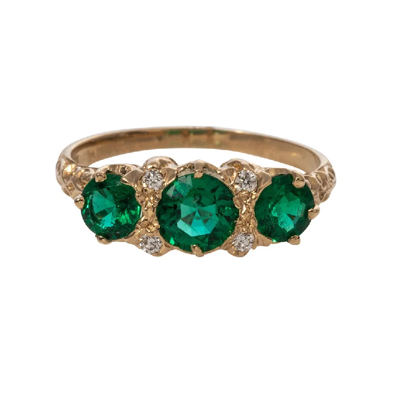 Gemstone rings featuring topaz for bright blue glow -Three-Stone Round Emerald & Diamond 14K Yellow Gold Ring