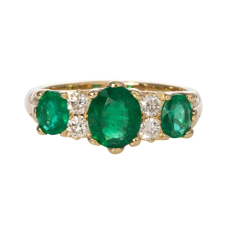 Sculpted gemstone rings with carved stone band art -Victorian Style 3-Stone Emerald & Diamond 14K Gold Ring