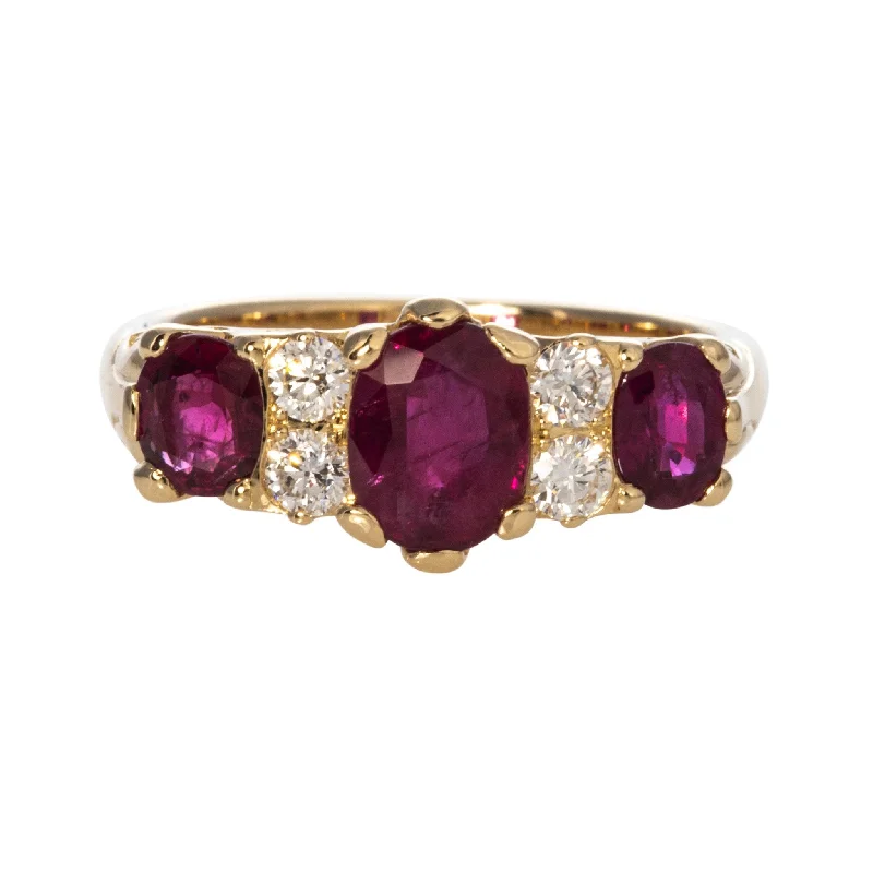 Vibrant gemstone rings with multicolor stone arrays -Victorian Style 3-Stone Ruby & Diamond 14K Gold Ring