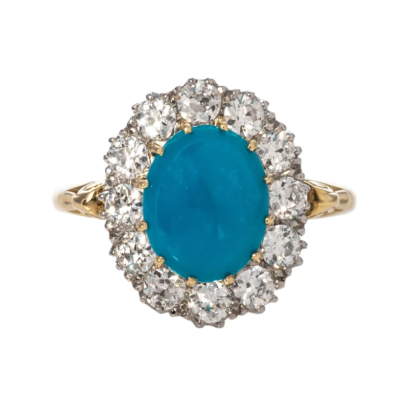 Vintage gemstone rings with detailed stone settings -Victorian Style Turquoise & Diamond Cluster Ring