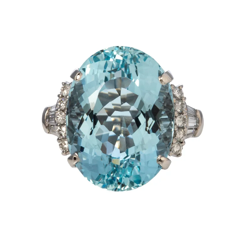 Gemstone rings featuring raw diamonds for wild beauty -Vintage 17.99ct Aquamarine & .65ct Diamond Platinum Ring